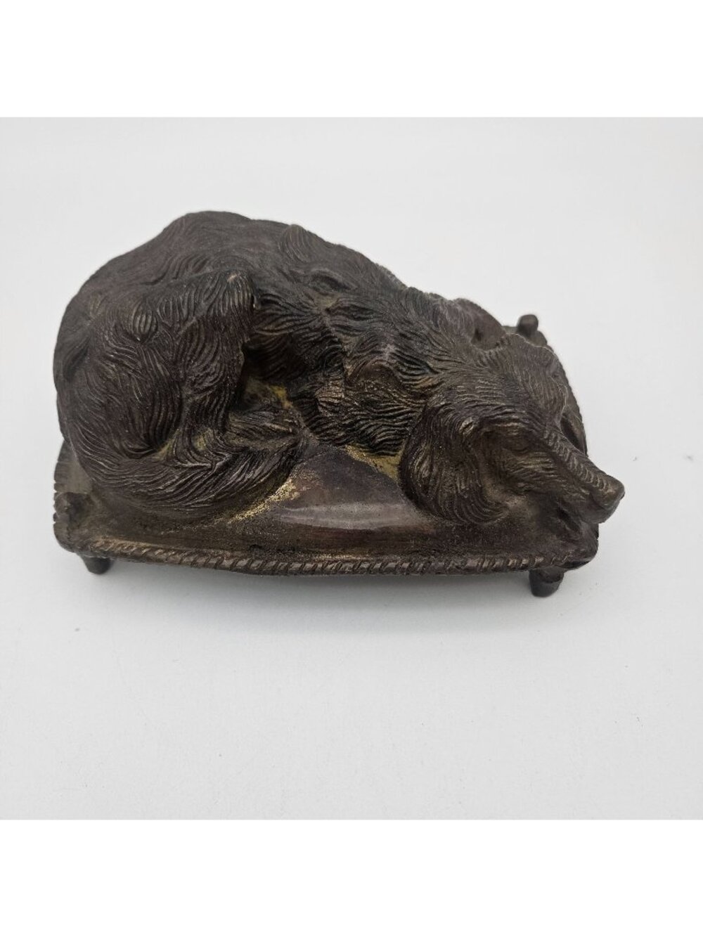 Vintage Bronze Sleeping Dog on Stool Paperweight Figurine Sculpture